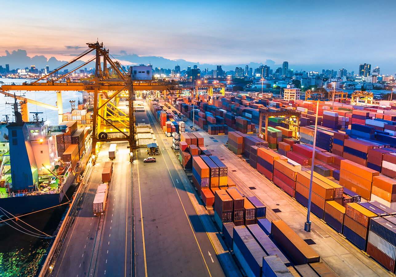 Container ship in the harbor in Asia ,